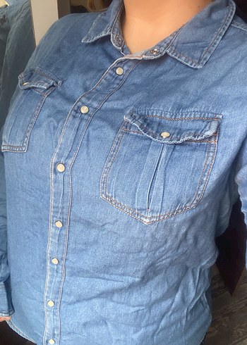 Mavi Kot Gömlek Kadın Uzun Kollu - Görsel 5