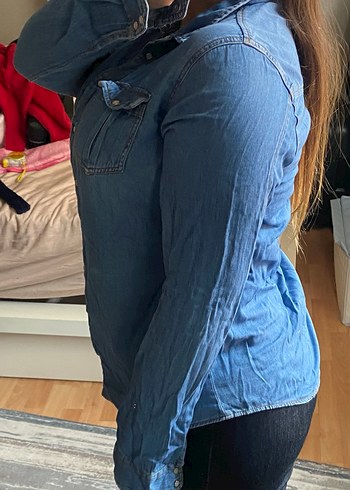 Mavi Kot Gömlek Kadın Uzun Kollu - Görsel 4