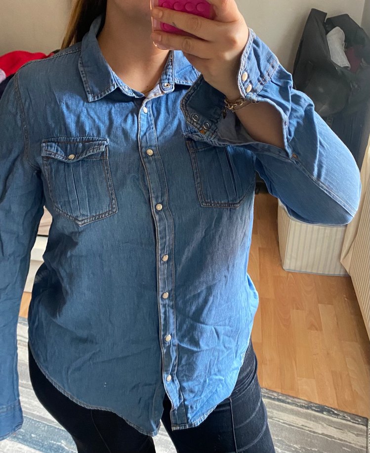 Mavi Kot Gömlek Kadın Uzun Kollu - Görsel 3