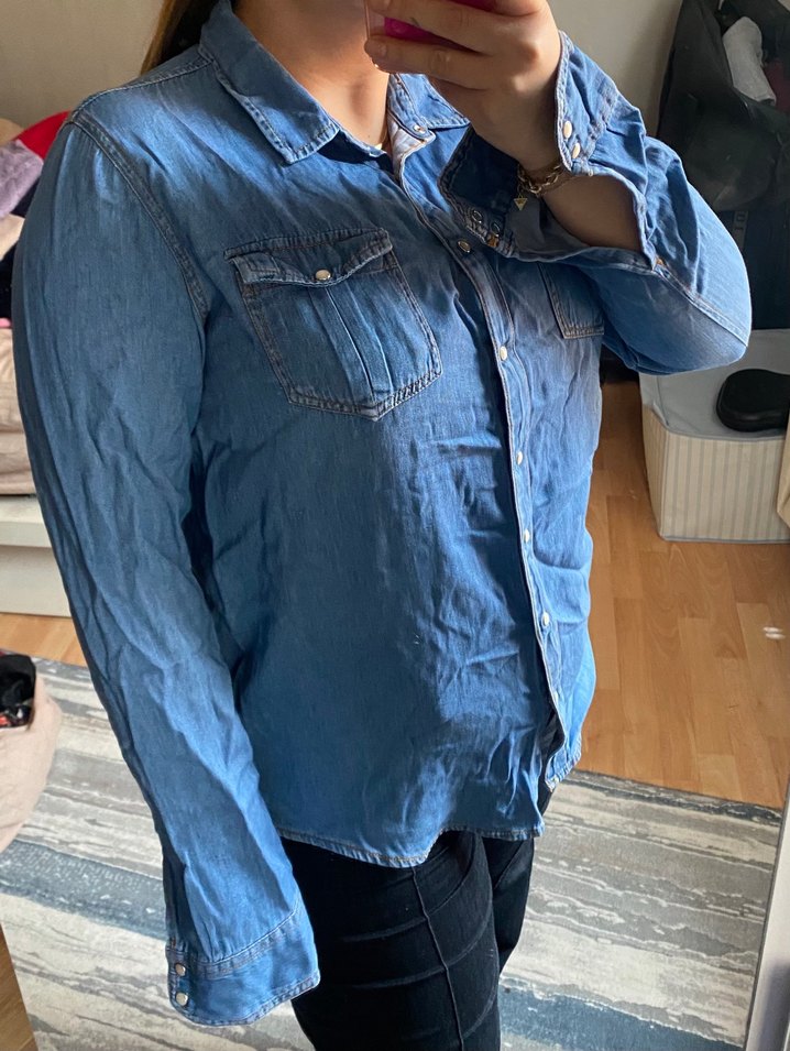 Mavi Kot Gömlek Kadın Uzun Kollu - Görsel 2