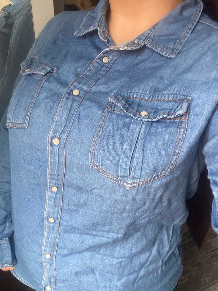 Mavi Kot Gömlek Kadın Uzun Kollu - Görsel 5