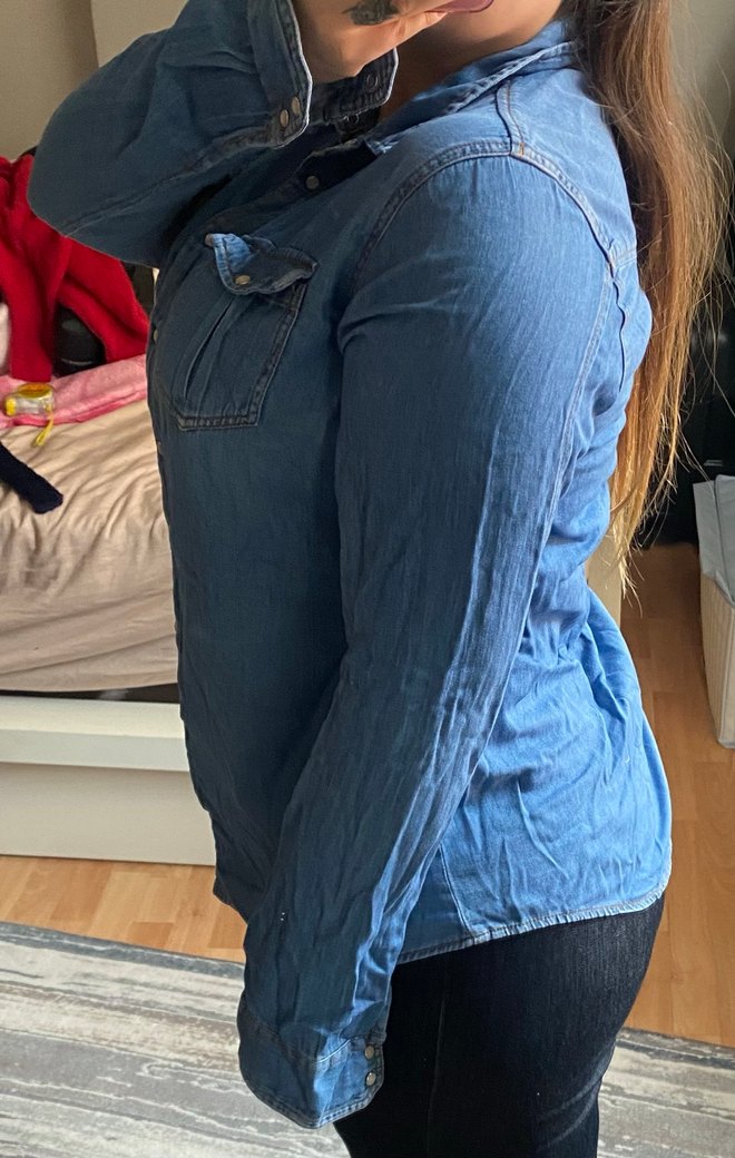 Mavi Kot Gömlek Kadın Uzun Kollu - Görsel 4