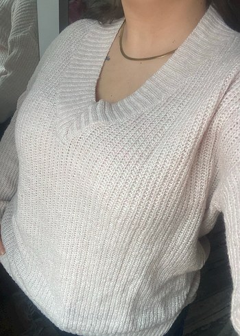 Pudra V Yaka Örgü Kadın Kazak - Görsel 3