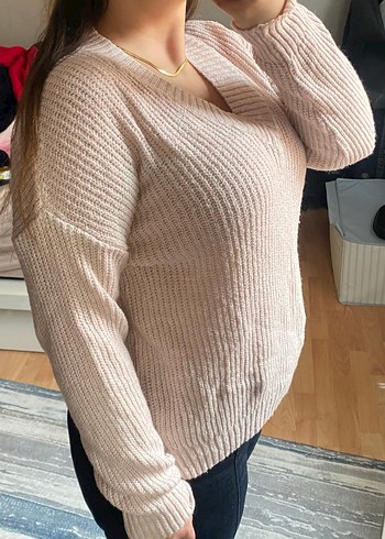 Pudra V Yaka Örgü Kadın Kazak - Görsel 2