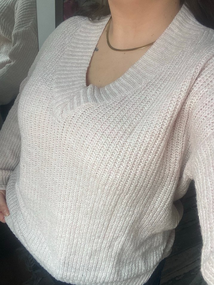 Pudra V Yaka Örgü Kadın Kazak - Görsel 3