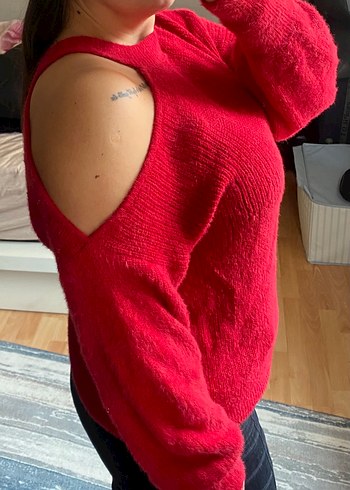 Kırmızı Örgü Rahat Kesim Kadın Kazak - Görsel 2