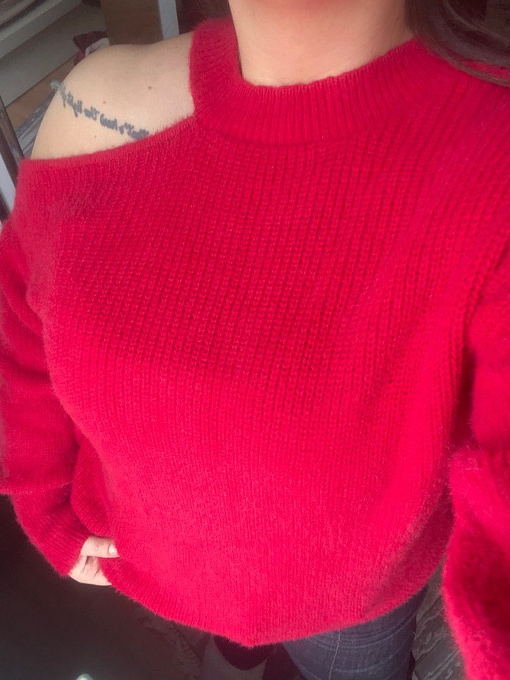 Kırmızı Örgü Rahat Kesim Kadın Kazak - Görsel 3