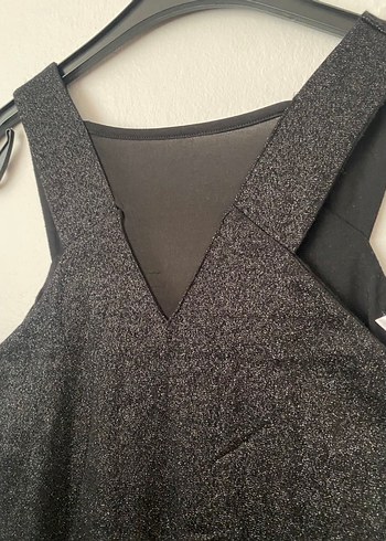 Siyah V Yakalı Simli Midi Goth Elbise - Görsel 2