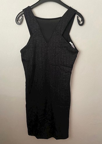 Siyah V Yakalı Simli Midi Goth Elbise - Görsel 4