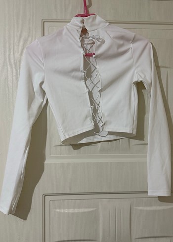 Beyaz Uzun Kollu Yarım Crop Top - Görsel 2