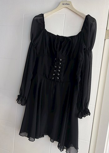 SİYAH ŞİFON KISA ELBİSE - Görsel 2