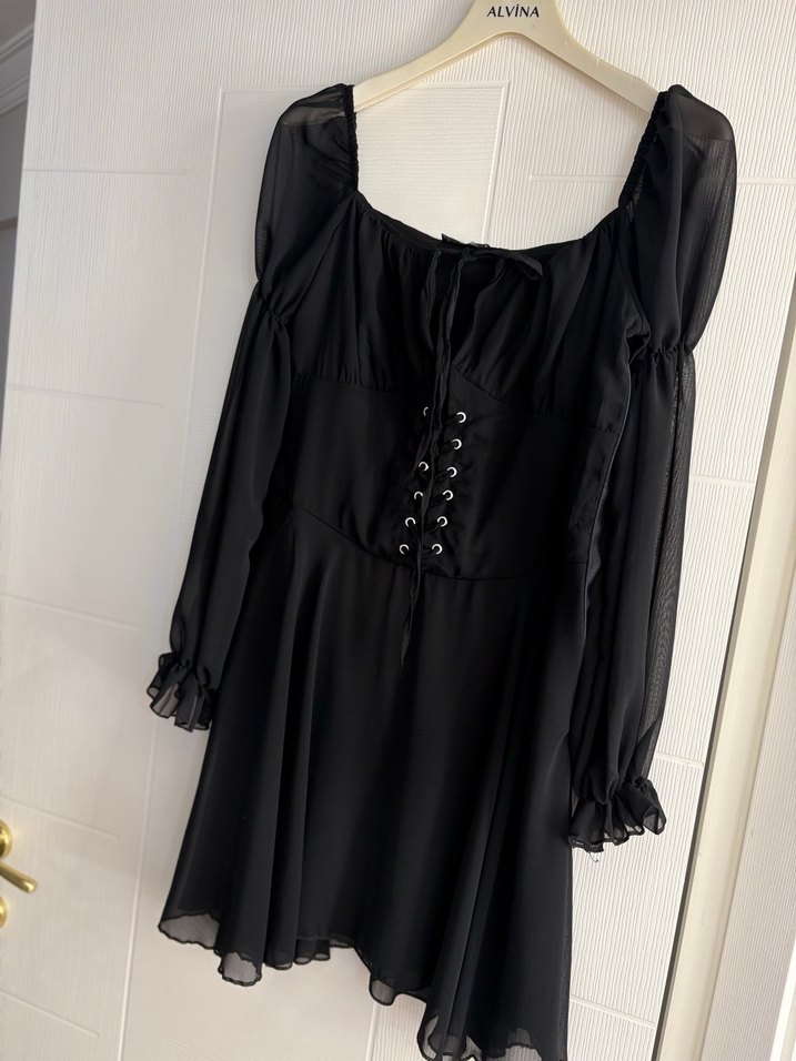 SİYAH ŞİFON KISA ELBİSE - Görsel 3