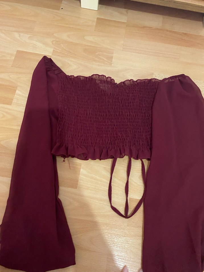 Bordo Bohem Uzun Kollu Fırfırlı Bluz - Görsel 2