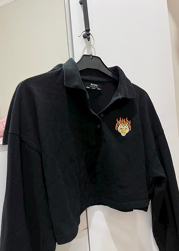 Düğmeli Baskılı Siyah Kadın Sweatshirt - Görsel 5