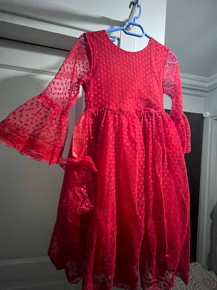 Kız Çocuk Kırmızı Dantel elbise  bir adet kuşak ve dantel toka - Görsel 3