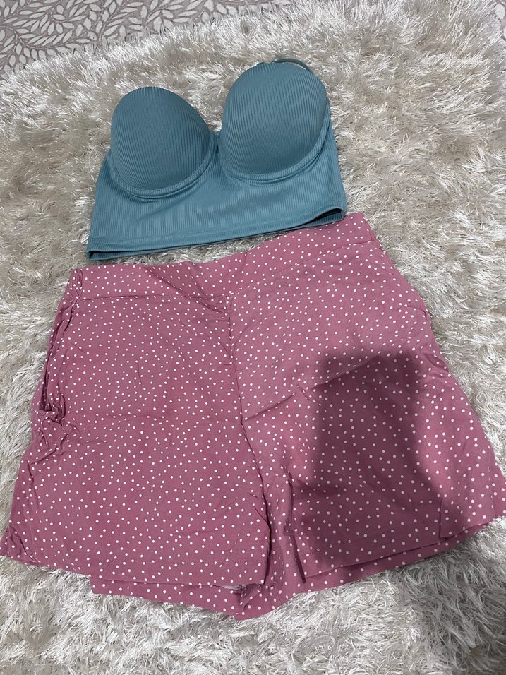 Puantiyeli Pembe Mini  şort  ve büstiyer - Görsel 4