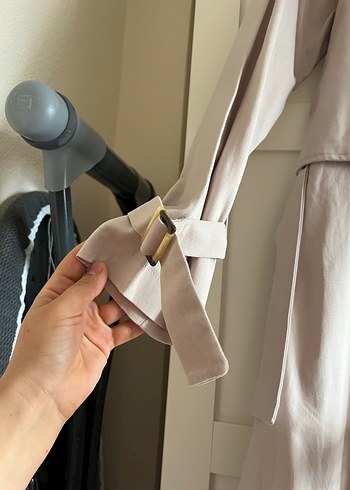 Bej Uzun Keten Kadın Trençkot - Görsel 7