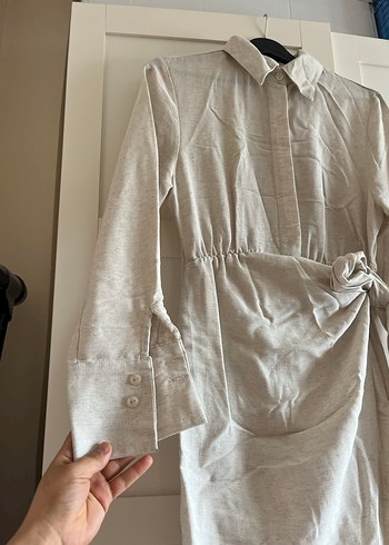 Bej Keten Uzun Kollu Bohem Elbise - Görsel 5