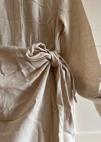 Bej Keten Uzun Kollu Bohem Elbise - Görsel 2