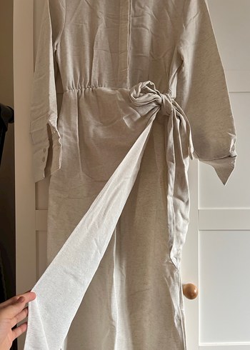 Bej Keten Uzun Kollu Bohem Elbise - Görsel 3