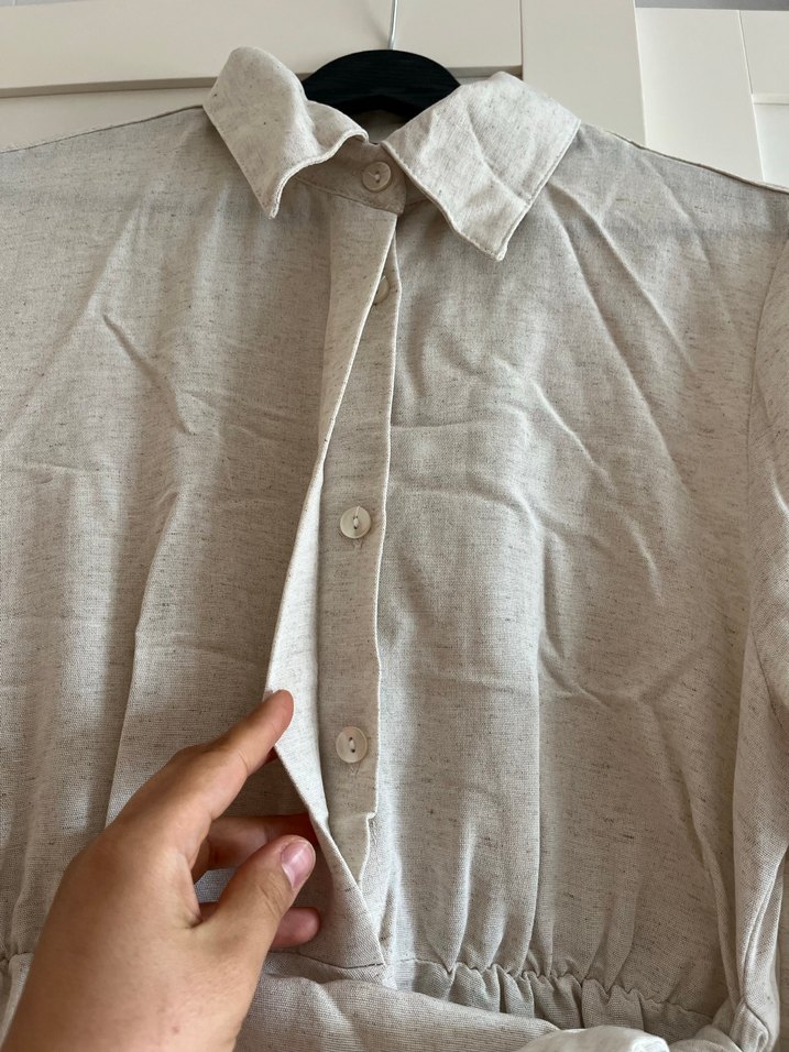 Bej Keten Uzun Kollu Bohem Elbise - Görsel 4