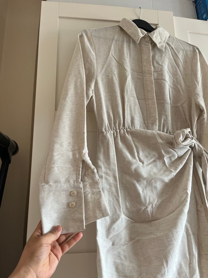 Bej Keten Uzun Kollu Bohem Elbise - Görsel 5