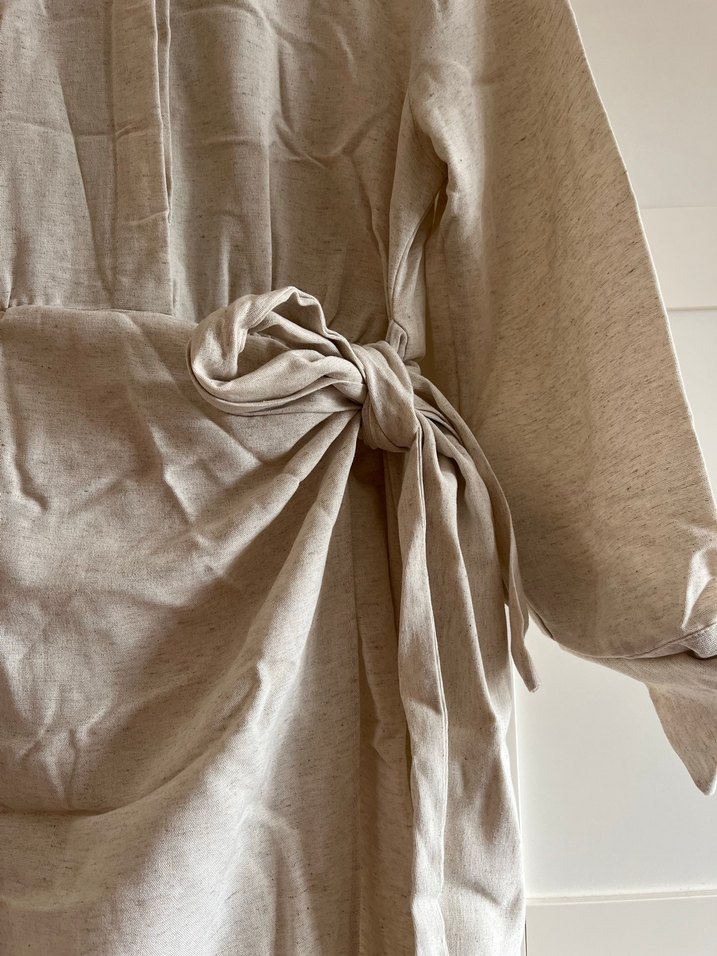 Bej Keten Uzun Kollu Bohem Elbise - Görsel 2