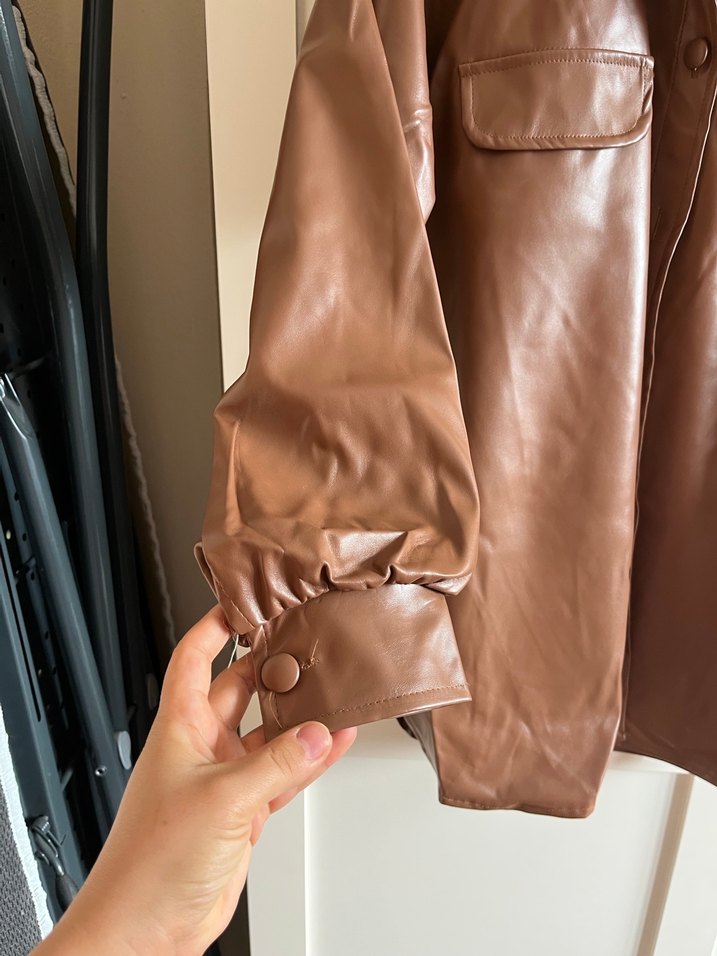 Düğmeli Kahverengi Kadın Deri Ceket - Görsel 3