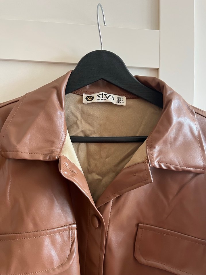 Düğmeli Kahverengi Kadın Deri Ceket - Görsel 5