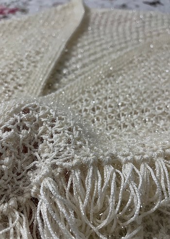 Kadın Bohem Örgü Panço Gri-Beyaz - Görsel 3