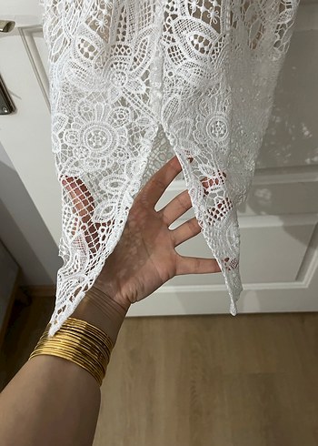 Dantel Detaylı Beyaz Uzun Abiye Elbise - Görsel 3