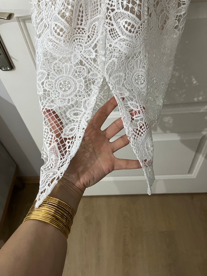 Dantel Detaylı Beyaz Uzun Abiye Elbise - Görsel 3