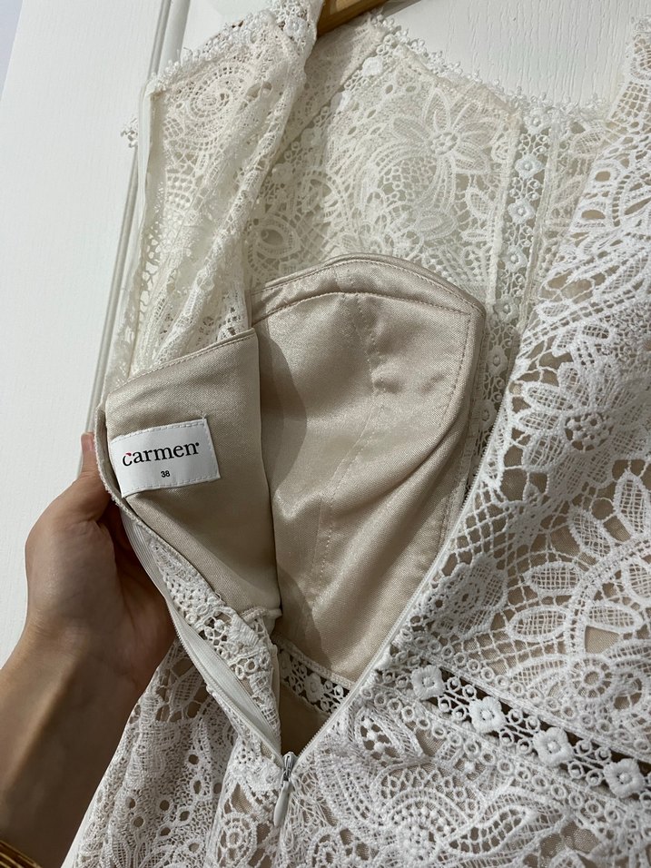 Dantel Detaylı Beyaz Uzun Abiye Elbise - Görsel 5