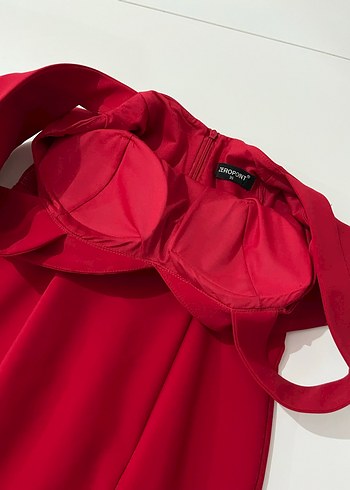 Kırmızı Drapeli Midi Kadın Abiye Elbise - Görsel 4