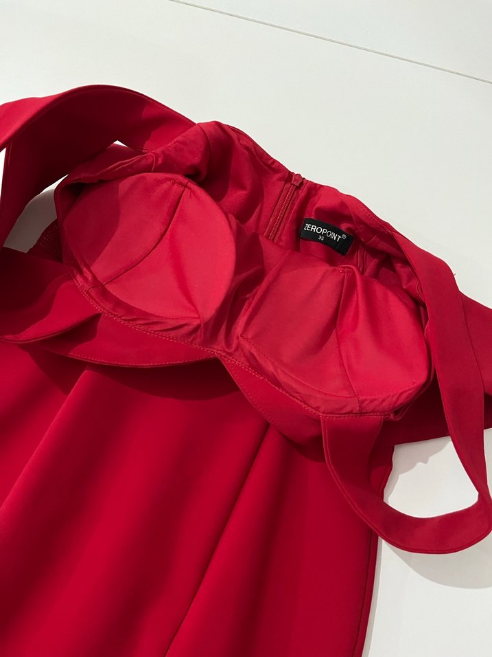 Kırmızı Drapeli Midi Kadın Abiye Elbise - Görsel 4