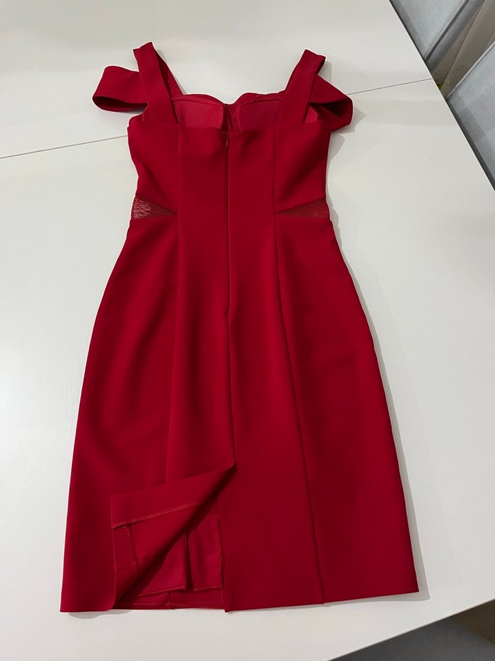 Kırmızı Drapeli Midi Kadın Abiye Elbise - Görsel 5