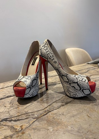 Kırmızı Platform Topuklu Yılan Desenli Kadın Stiletto - Görsel 3