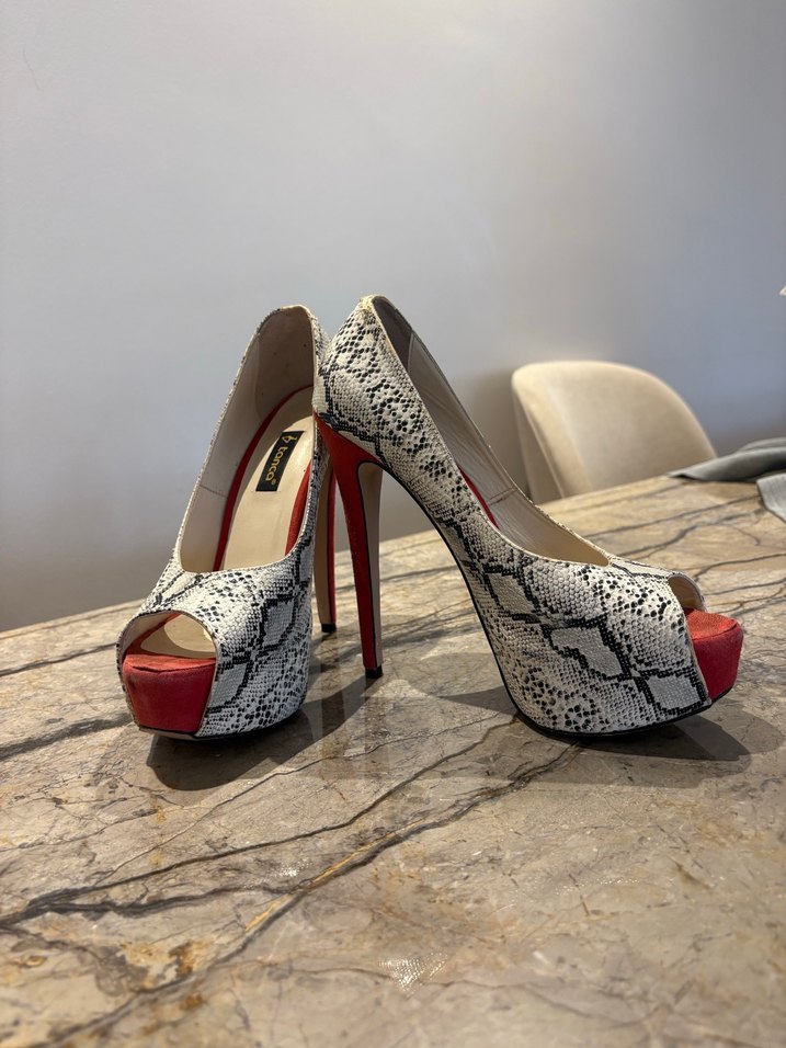 Kırmızı Platform Topuklu Yılan Desenli Kadın Stiletto - Görsel 3