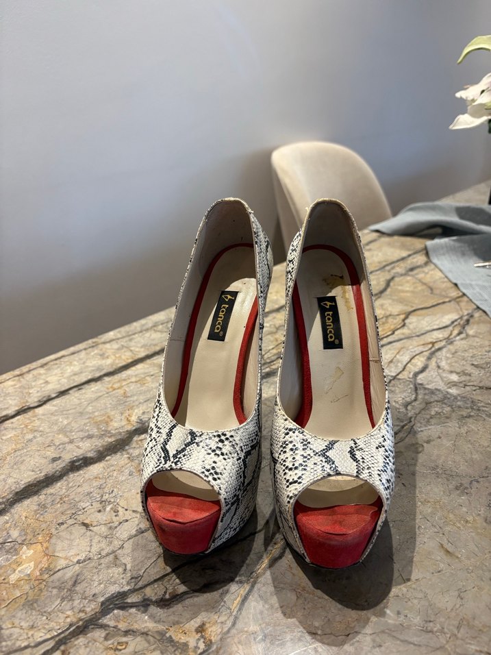 Kırmızı Platform Topuklu Yılan Desenli Kadın Stiletto - Görsel 4