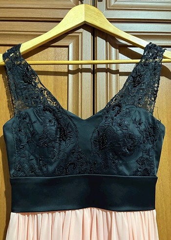 Dantel Detaylı Siyah Üst ve Pembe Uzun Elbise - Görsel 5