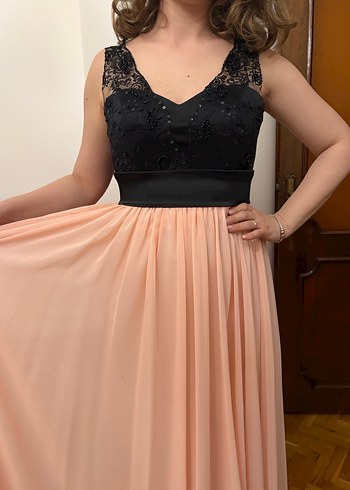 Dantel Detaylı Siyah Üst ve Pembe Uzun Elbise - Görsel 2