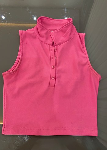 Düğmeli Pembe Yüksek Yakalı crop - Görsel 2