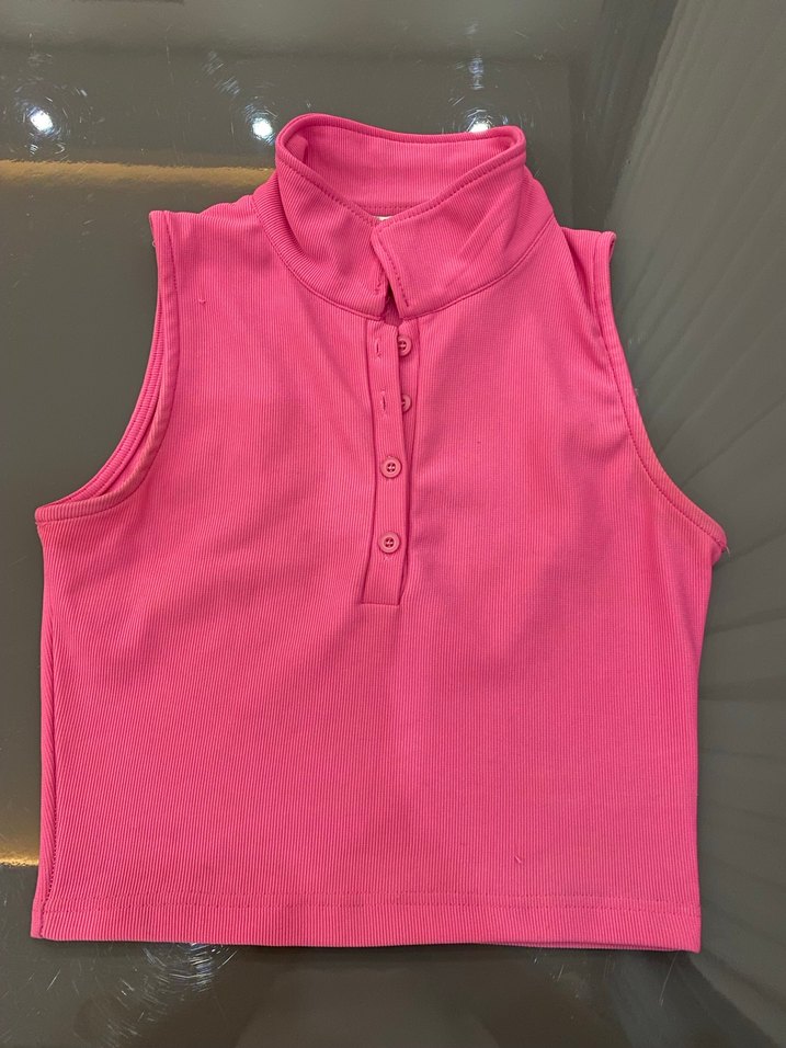 Düğmeli Pembe Yüksek Yakalı crop - Görsel 2