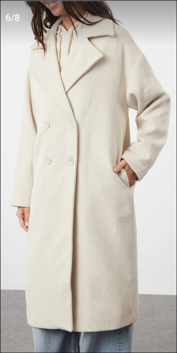 Düğmeli Bej Kadın Kaban - Görsel 4