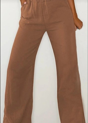 vizon  renk kadın keten palazzo pantalon - Görsel 2