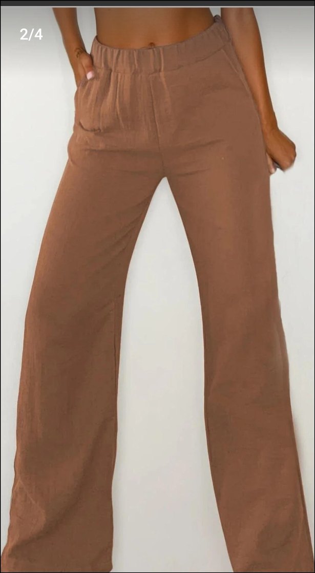 vizon  renk kadın keten palazzo pantalon - Görsel 2