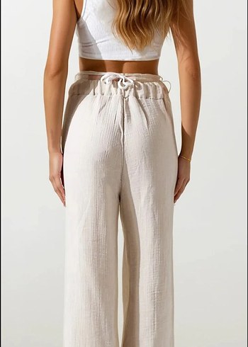 Beyaz Keten Rahat Kesim Müslin palazzo Pantolon - Görsel 3