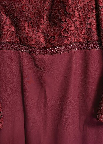 Bordo Dantel İşlemeli Uzun Abiye Elbise - Görsel 4