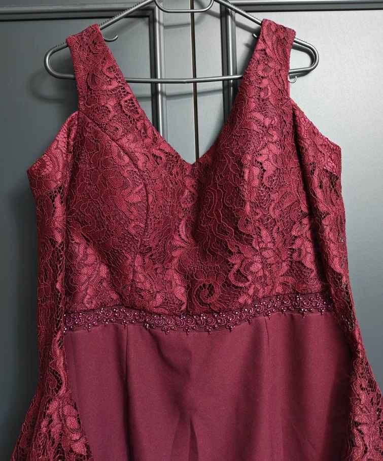 Bordo Dantel İşlemeli Uzun Abiye Elbise - Görsel 2