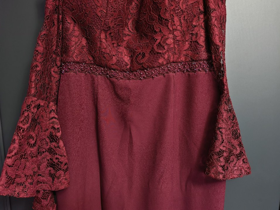 Bordo Dantel İşlemeli Uzun Abiye Elbise - Görsel 4